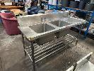 257 · STAINLESS STEEL OUTFEED BENCH WITH TWIN SINK, 1800 x 700 x 920mm, 2 TIER WITH SPLASHBACK NO GST