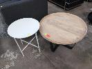 47 · 1 X MAGAZINE TABLE. BLACK STEEL FRAME, WEATHERED TIMBER TOP. 450 X 700 MM (HEIGHT DIAMETER)., 1 X SIDE TABLE. COMPOSITE TOP ON STEEL FRAME IN WHITE. 500 X 450 MM (HEIGHT DIAMETER).