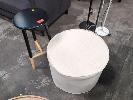 49 · ROUND FABRIC OTTOMAN AND SOLID WOOD STOOL