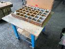 MOBILE STOCK BENCH, 1100 x 1100mm WITH HARDWARE TRAY, SCREWS, ETC