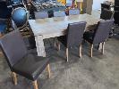 60 · SOLID TIMBER DINING TABLE IN LIGHT GREY WEATHERED WOODGRAIN STYLE. 1,800 X 950 X 780 MM (W D H)., 8 X HIGH-BACK LEATHER DINING CHAIRS NO GST