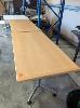 158 · 2 X SOLID TIMBER OFFICE TABLES. NATURAL WOODGRAIN TOPS ON POLISHED STAINLESS STEEL BASES. 1,500 X 750 X 750 MM (W D H).