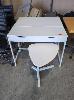 159 · 2 X STUDY DESKS, 2-DRAWER WITH CABLE TROUGH. WHITE LAMINATE TOP. WHITE STEEL FRAME. 1,000 X 480 X 765 MM (W D H), 1 X PEDESTAL TABLE. WHITE COMPOSITE TOP. CURVED TRIANGLE SHAPE, ADJUSTABLE HEIGHT. 600 X 500 X 520 - 780 MM (W D H)