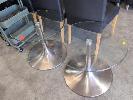 178 · 2 X MODERN PEDESTAL SIDE TABLES. ROUND TOUGHENED GLASS TOPS WITH OGEE PROFILE EDGE. POLISHED STAINLESS BASE. 600 X 510 MM (DIAMETER HEIGHT)