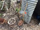 240 · VINTAGE WHEELBARROW, HOLDEN RIM & SEED SPREADER NO GST