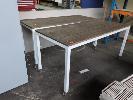 411 · 2 X MOBILE SLAT TIMBER OUTDOOR TABLES. STEEL FRAME IN WHITE. 2,000 X 855 X 920 MM (W D H)