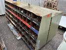 390 · 2 x HEAVY DUTY PIGEON HOLE STORAGE UNITS, STEEL, 2700 x 500 x 1000mm (H), TAPERED & 2700 x 500 x 910mm (H), WITH CONTENTS ASSORTED FASTENERS, ETC