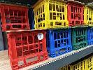 3 · 59 x COLOURED PLASTIC CRATES WITH TIMBER SEAT TOPS