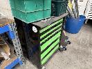 214 · GARAGE DRAWER ROLL CABINET & CONTENTS ROOLS, WITH 2 x FLAT TROLLEYS & STEEL TUBE
