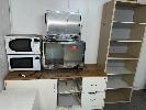CONTENTS OF KITCHEN, 4 x MICROWAVES, 2 x PIE WARMERS, FRIDGE/ FREEZER, CHAIRS, CUPBOARDS, ETC