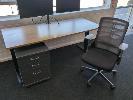 1 · ELECTRIC HEIGHT ADJUSTABLE OFFICE DESK. OAK WOODGRAIN LAMINATE TOP ON BLACK STEEL FRAME. 1,800 X 750 MM., WITH 3-DRAWER UNDER DESK MOBILE & SPINELLY MESH BACK GAS LIFT OFFICE CHAIR.