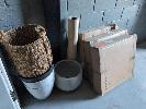 JUTE BASKET, POTS & 3 X CONCRETE EFFECT NESTED TABLE SETS (TWO PER SET). PART ROLL OF BUTCHER'S PAPER