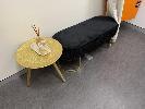 BLACK FABRIC UPHOLSTERED OVAL OTTOMAN & GOLD METAL OCCASIONAL TABLE
