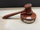 2 · WOODEN GAVEL, 20cm & SOUND BLOCK WITH PLAQUE, "MADE FROM THE WOOD OF THE OLD GUM TREE GLEN OSMOND 1969"