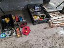 158 · HOLE SAW SETS DRILL BITS, 3 x MAGNETIC ANGLE CLAMPS, PRECISION SQUARE & FLAT BAR, BRASS ROUND BAR, ETC, UNDER TABLE NO GST