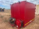 13 · CUSTOM DIESEL FUEL TANK, 2400 x 2300 x 2100mm, FORK POCKET SKID BASE, WITH SIDE MOUNT, DIESEL POWERED TRANSFER PUMP, REEL & FILTER, (NOTE: METER COVER BROKEN), TOP FILL & LIFTING LUGS, (RED)