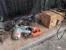 5 x VINTAGE POWER DRILLS, SHER & FABRICATED, MAGNETO MAGNETIZER & GROWLER, 1 x SHELF NO GST