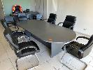 2 · OVAL END MEETING TABLE, 2600 x 1200mm,, TIMBER LAMINATE, WITH 6 x BLACK/CHROME CHAIRS