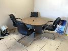 9 · ROUND TIMBER LAMINATE MEETING TABLE & 4 x BLACK/CHROME CHAIRS