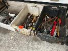 239 · ASSORTED HAND TOOLS INCLUDING SHIFTERS, PIPE WRENCHES, CROW BARS, HAMMERS, ETC, 2 x TUBS & 1 x TUB ASSORTED ALLOY PULLEYS & ROPE BLOCK
