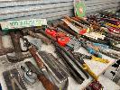 Large Quantity Hand Tools Including Vice Grips, Pipe Wrenches, Chisel Sets, Etc, Roll Of Water Suction Hose, 40mm Diameter, Chain Block & Engine Powered Worklight, Diamond, 2 X Shelves