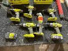 5 x RYOBI 18V DRILLS, ANGLE GRINDER, 2 x 1.5AH BATTERIES & ASSORTED CHARGERS