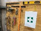 339 · THE SHADOW BOARD TO INCLUDE, FIRST AID CABINET, MALLETS, HAMMERS, RULERS, SNIPS, RIVET GUN, PIPE CUTTER, T SQUARE, PINCH CLAMPS, SPIRIT LEVEL, ETC