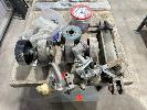 198 · 4 x SWIVEL CASTOR WHEELS, 150mm, CAST IRON, HYDRAULIC RAM, BEARINGS, PULLEYS, ASSORTED HARDWARE, CHAIN, TRAILER COUPLING