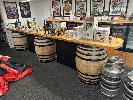 Live Edge Solid Timber Bar Top, Clear Stain, 5000 X 1060mm (H) On 3 X Wine Barrels Includes 2 X Timber Laminate Storage Units
