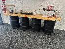 Live Edge Solid Timber Bar Top, Clear Stain, 1970mm, On 4 X Beer Kegs