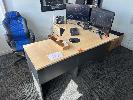 Office Furniture Including Timber Laminate Desk With Return, 1800 X 1800mm, Gas Lift Office Chair, Under Desk Mobile, 2 X Black Vinyl Visitors Chairs, 8 Hole Pigeon Hole Unit & 2 X Framed Jerseys, , ** Items Located Upstairs **