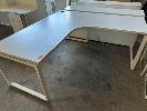 155 · CORNER DESK, WHITE LAMINATE TOP, LOOP LEG STEEL FRAME, 1,800 X 1,800 X 750 MM (W D H OVERALL), 3 X 4-DRAWER WIRE BASKET STORAGE UNIT