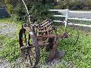 19 · VINTAGE STEEL 4 WHEEL PLOUGH, GARDEN ART ITEM