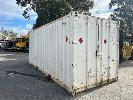 147b · 20' SHIPPING CONTAINER, WHITE, FITTED WITH LOCK BOX, INTERNAL LIGHTING AND 240V POWER, SHELVING & WORK BENCH, HAS ROTARY VENT ON ROOF, NOTE: LEAKING SOME RUST HOLES IN ROOF & REPAIR PATCHES.