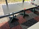 2 · PAIR OF CAFE TABLES, WHITE TOP, BLACK EDGE, GREEN STEEL PEDESTAL BASE, 800 x 800 x 735mm (H)