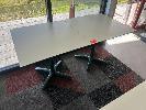 3 · PAIR OF CAFE TABLES, WHITE TOP, BLACK EDGE, GREEN STEEL PEDESTAL BASE, 800 x 800 x 735mm (H)