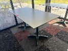 4 · PAIR OF CAFE TABLES, WHITE TOP, BLACK EDGE, GREEN STEEL PEDESTAL BASE, 800 x 800 x 735mm (H)