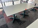 5 · PAIR OF CAFE TABLES, WHITE TOP, BLACK EDGE, GREEN STEEL PEDESTAL BASE, 800 x 800 x 735mm (H)