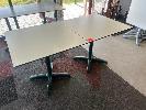 6 · PAIR OF CAFE TABLES, WHITE TOP, BLACK EDGE, GREEN STEEL PEDESTAL BASE, 800 x 800 x 735mm (H)