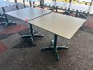 8 · PAIR OF CAFE TABLES, WHITE TOP, BLACK EDGE, GREEN STEEL PEDESTAL BASE, 800 x 800 x 735mm (H)
