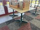 17 · PAIR OF CAFE TABLES, WHITE TOP, BLACK EDGE, GREEN STEEL PEDESTAL BASE, 800 x 800 x 735mm (H)
