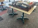 18 · PAIR OF CAFE TABLES, WHITE TOP, BLACK EDGE, GREEN STEEL PEDESTAL BASE, 800 x 800 x 735mm (H)