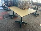 20 · PAIR OF CAFE TABLES, WHITE TOP, BLACK EDGE, GREEN STEEL PEDESTAL BASE, 800 x 800 x 735mm (H)