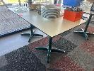 22 · PAIR OF CAFE TABLES, WHITE TOP, BLACK EDGE, GREEN STEEL PEDESTAL BASE, 800 x 800 x 735mm (H)