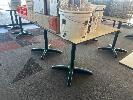 23 · PAIR OF CAFE TABLES, WHITE TOP, BLACK EDGE, GREEN STEEL PEDESTAL BASE, 800 x 800 x 735mm (H)