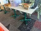 26 · PAIR OF CAFE TABLES, WHITE TOP, BLACK EDGE, GREEN STEEL PEDESTAL BASE, 800 x 800 x 735mm (H)
