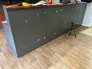 71 · RECEPTION DESK TIMBER LAMINATE, MAPLE/ GRAY, 3500mm (L), WITH 2 DOOR 2 SHELF CUPBOARD, LOW LINE BOOKSHELF, 2 BAY SHELF/ CUPBOARD UNIT, COFFEE TABLE