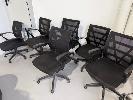 224 · 6 x OFFICE DESKS, WHITE GLOSS LAMINATE TOP, TWO-TONE, 120 x 70cm WITH RETURN UNDERDESK STORAGE 140 x 40cm (DISMANTLED, SOME WITH MINOR DAMAGE), WITH 6 x OFFICE CHAIRS, BLACK FABRIC, MESH BACK
