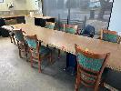 5 · LUNCH ROOM TABLE, 4000 x 900mm, SOLID FABRICATED LEGS & 7 x CLOTH & FABRIC CHAIRS